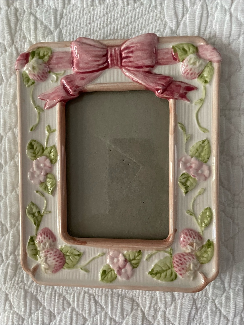 Vintage Terragrafics Pink Floral Ceramic Picture Frame with Bow Accent